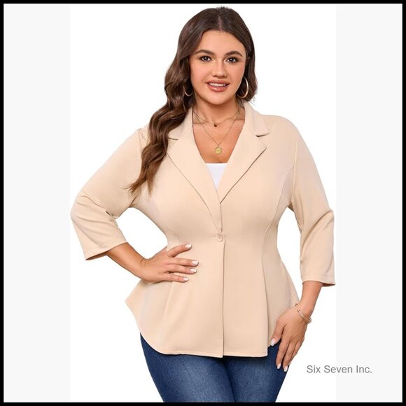 Plus Size Blazer Notched Lapel One-Button 3/4 Sleeve Tailored Jacket